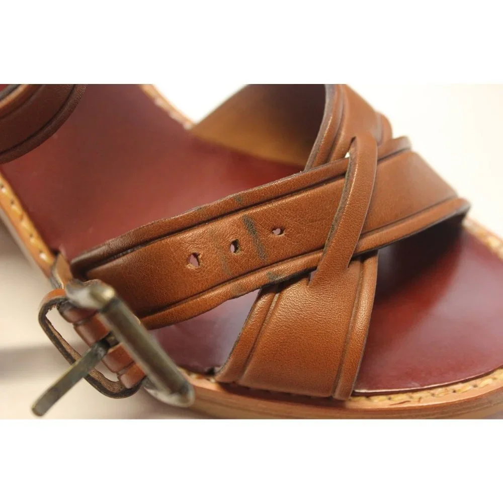 Bawcock wood leather adjustable buckle cross strap wedge sandals‎ 37